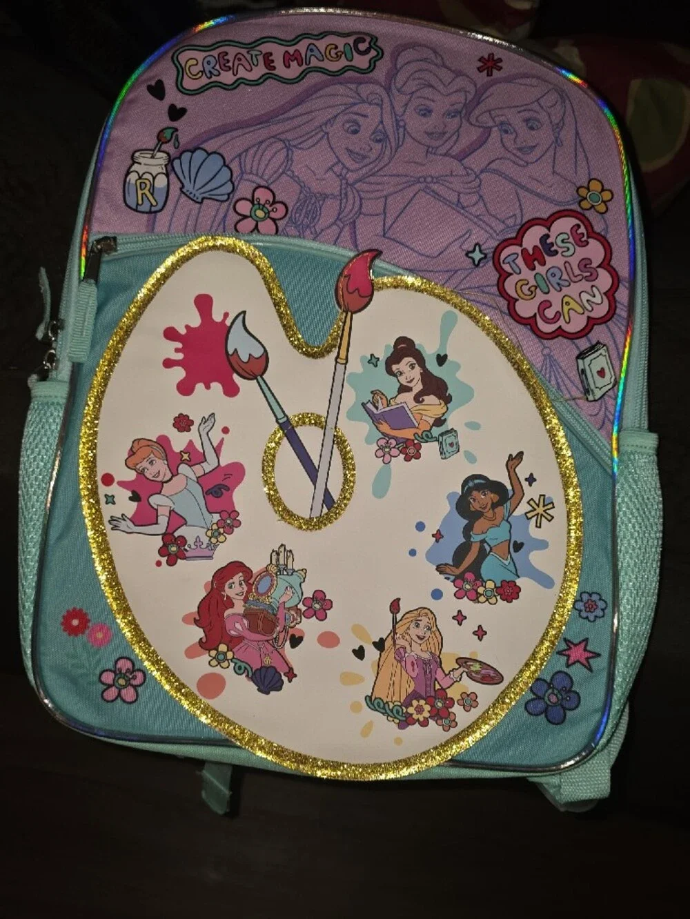 Disney Kids Backpack in Light Blue & Purple with Princess Art Palette